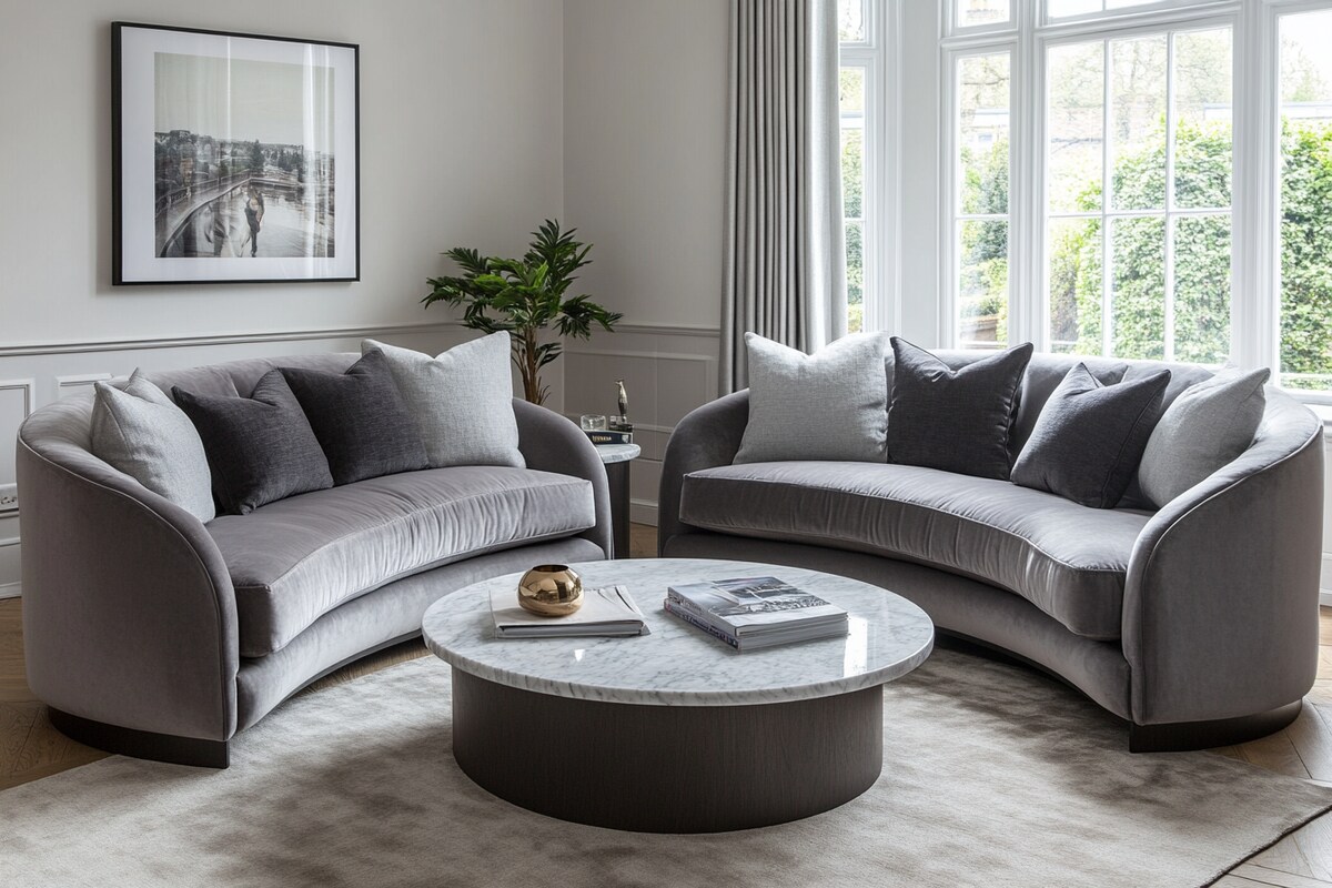 Contemporary Living Room Design with Curved Sofas and Marble Coffee Table